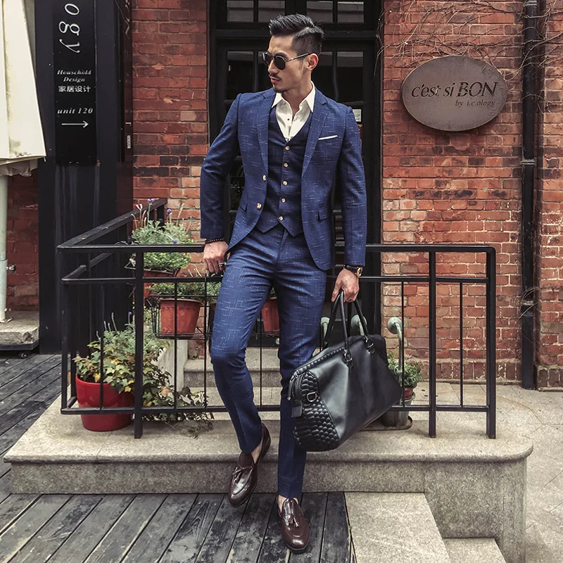 Slim Men's Blue Plaid Printing Blazers Male Three-piece Suits Jackets Men Plus Size Suit Groom and Groomsman Suit For Wedding