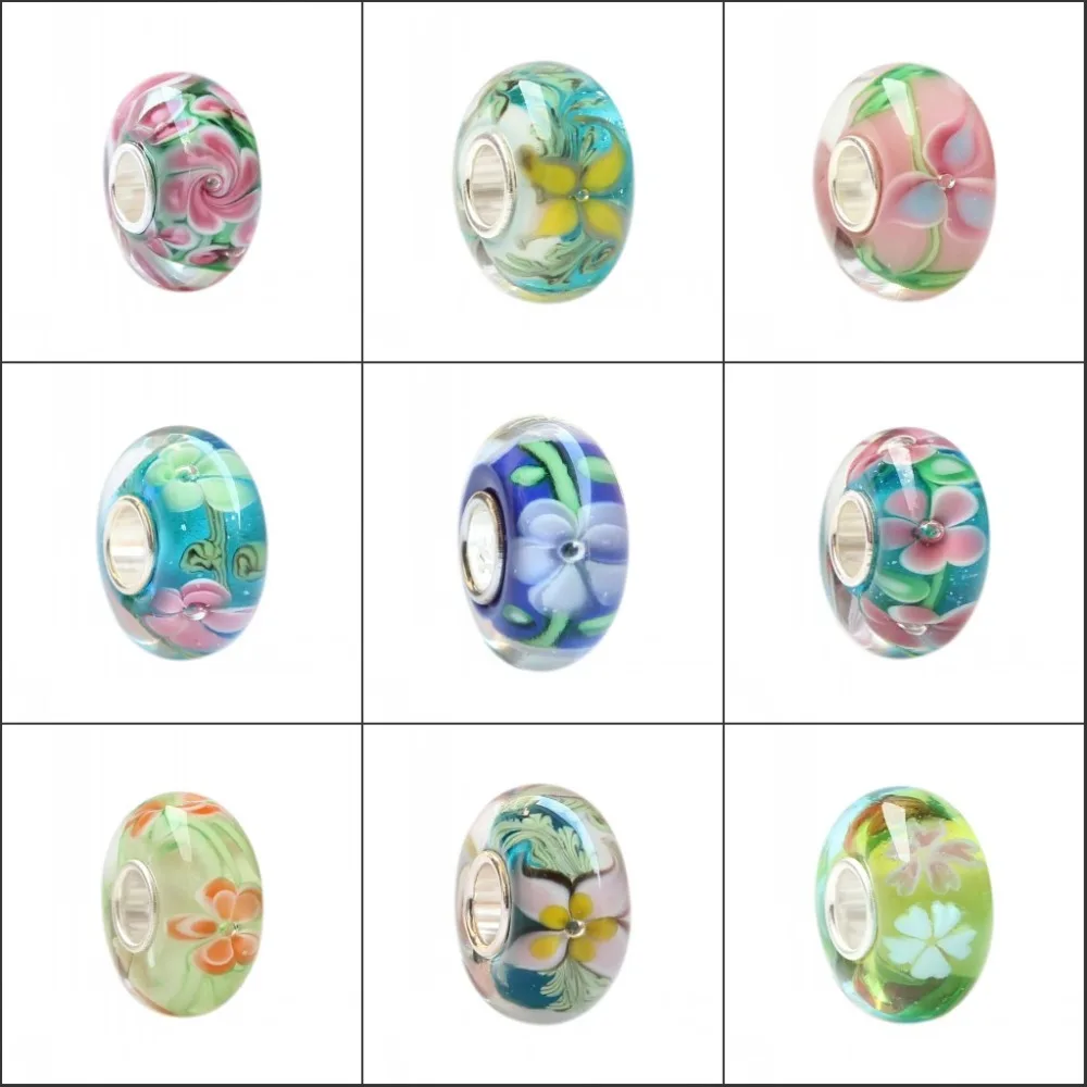 925 пробы серебра с большим отверстием 3D Красочные цветы Шарм из муранского стекла