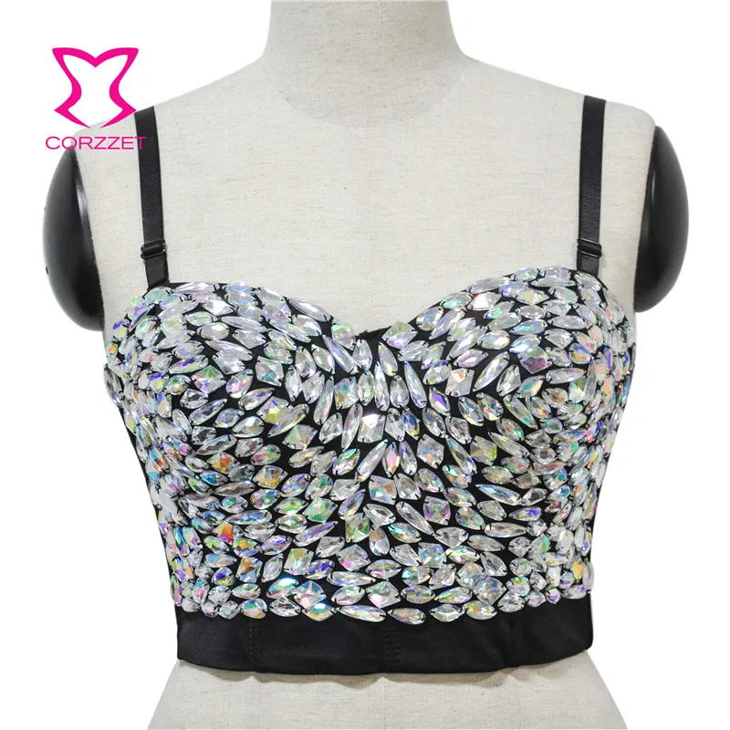 

White Crystal Gem Beading Party Clubwear Punk Sexy Bralette Bras For Women Push Up Bra Bustier Crop Top Brassiere Soutien Gorge