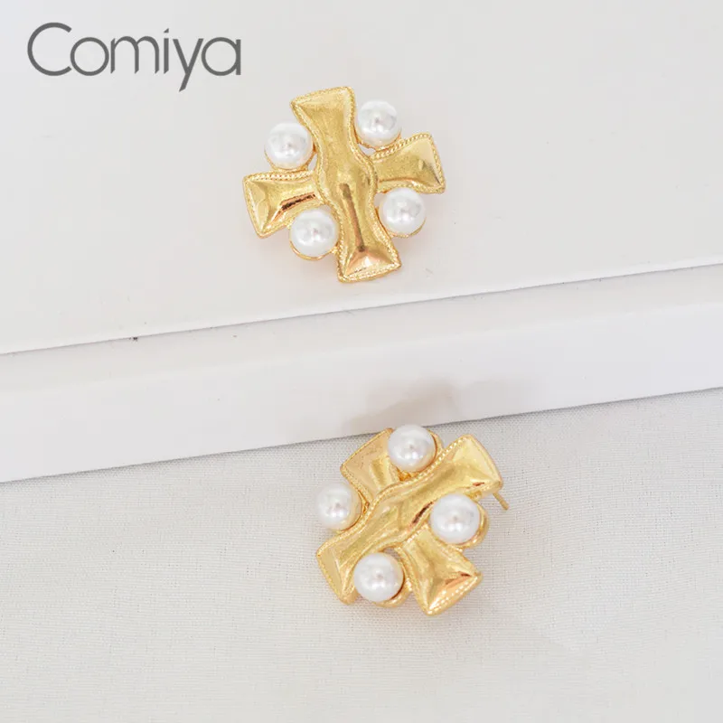 Женские серьги гвоздики Comiya из акрилового жемчуга с крестом золотого и