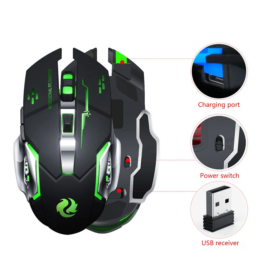Беспроводная подзарядка Gearwheel с подсветкой светящаяся Игровая USB мышь 2,4 ГГц 2400 dpi аккумулятор встроенный черный белый геймер