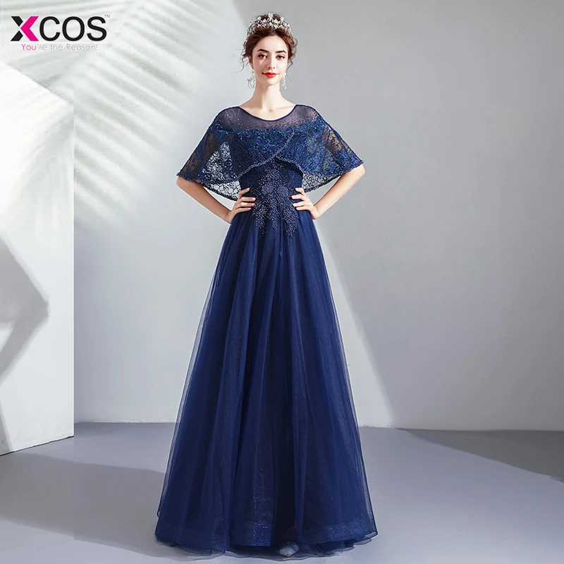 Формальные Вечерние платья Длинные Для женщин изящный темно синий плащ Стиль