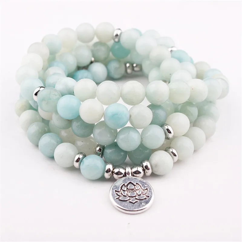 

Fashion 2017 Women`s 8 mm AB+Amazonite Bracelet 108 Mala Beads Bracelet or Necklace Lotus Charm Yogi Birthday Gift