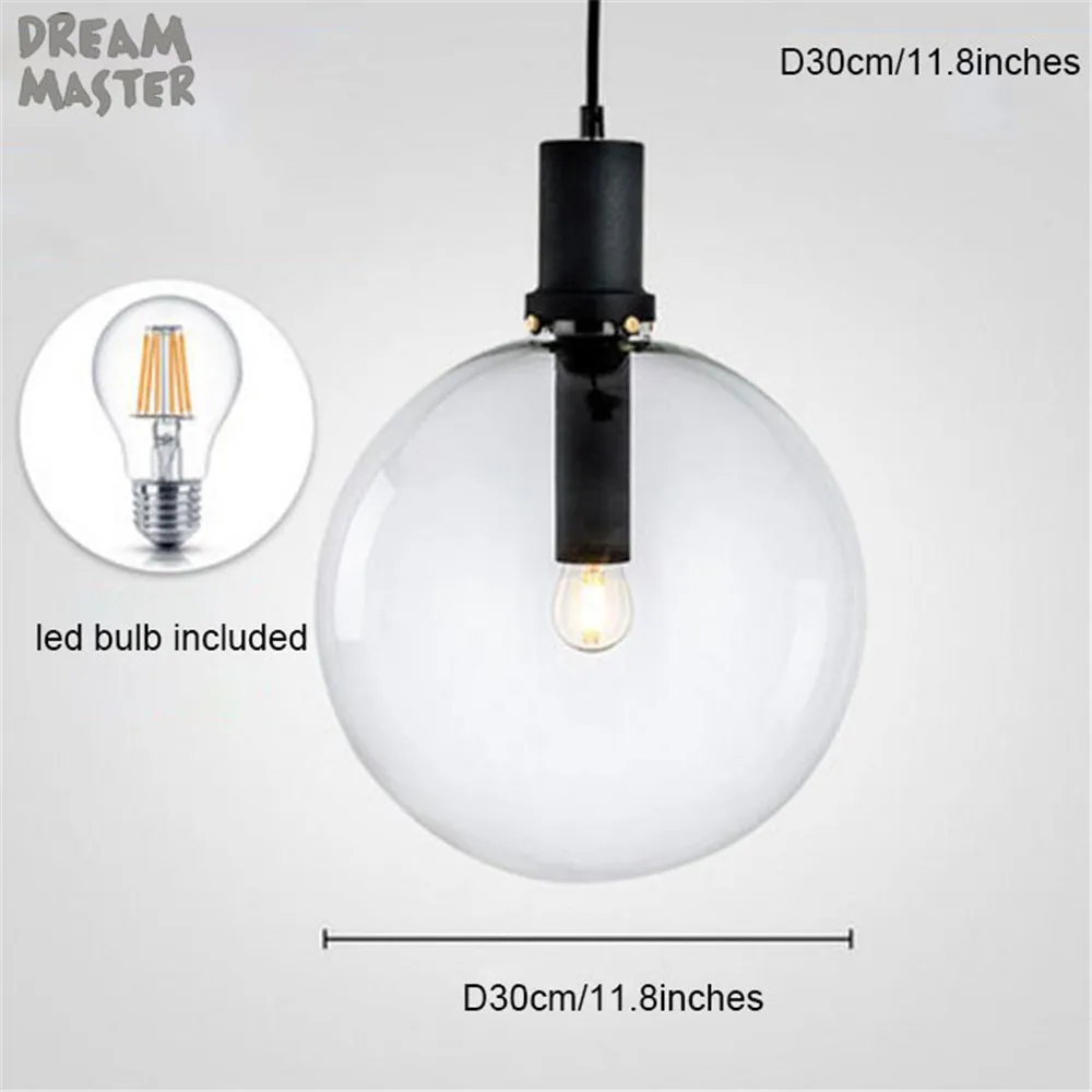 Black D30cm E27 светодиодный светильник, люстра для столовой, современный черный золотой блеск, прозрачный глобус, стеклянный абажур, декоративные люстры для освещения острова - Цвет абажура: Black D30cm