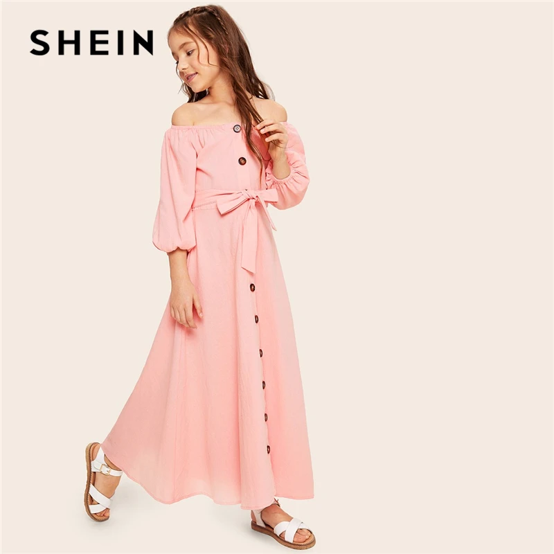 SHEIN/повседневное платье макси для девочек с открытыми плечами, пуговицами и поясом спереди; коллекция года; Летние Детские платья с длинными рукавами
