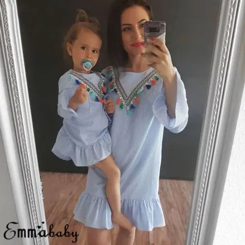 Платье в полоску для всей семьи одежда стиле бохо мамы и дочки мини-платье