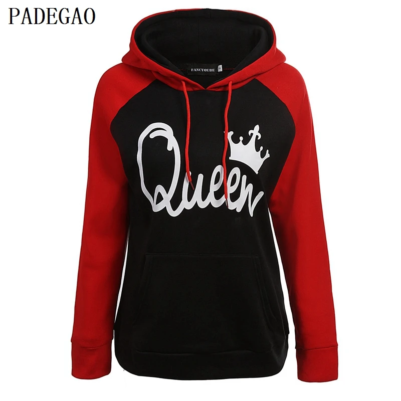 Padegao красный и черный толстовки королева Печать с капюшоном длинными рукавами