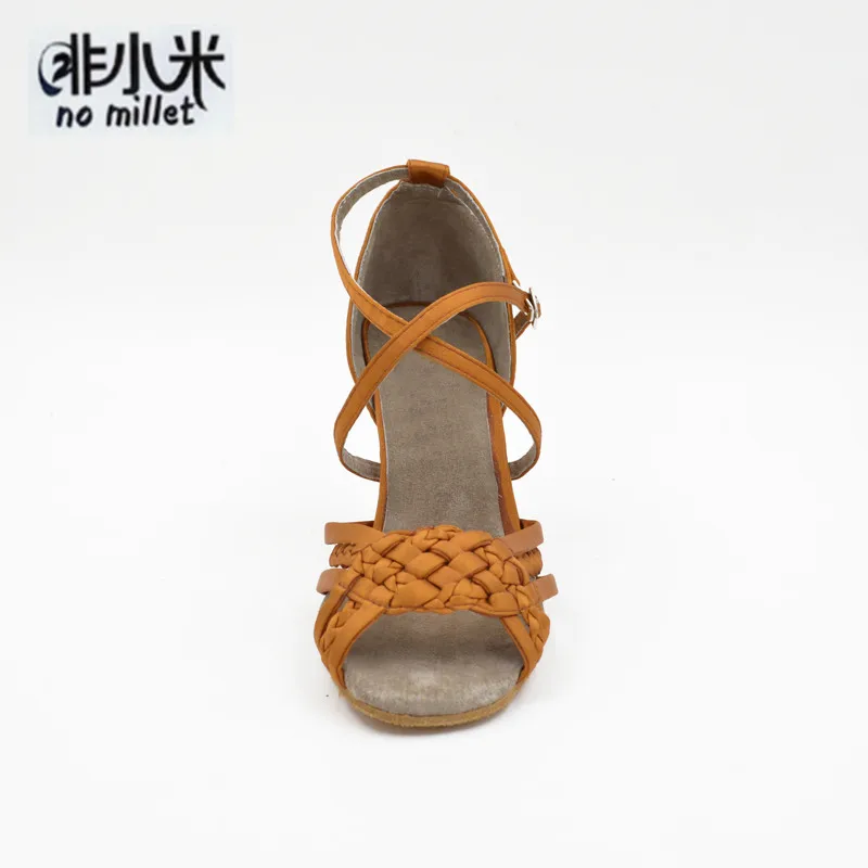 No Millet/коричневые атласные туфли для латинских танцев и сальсы Zapatos De Baile Каблук 7