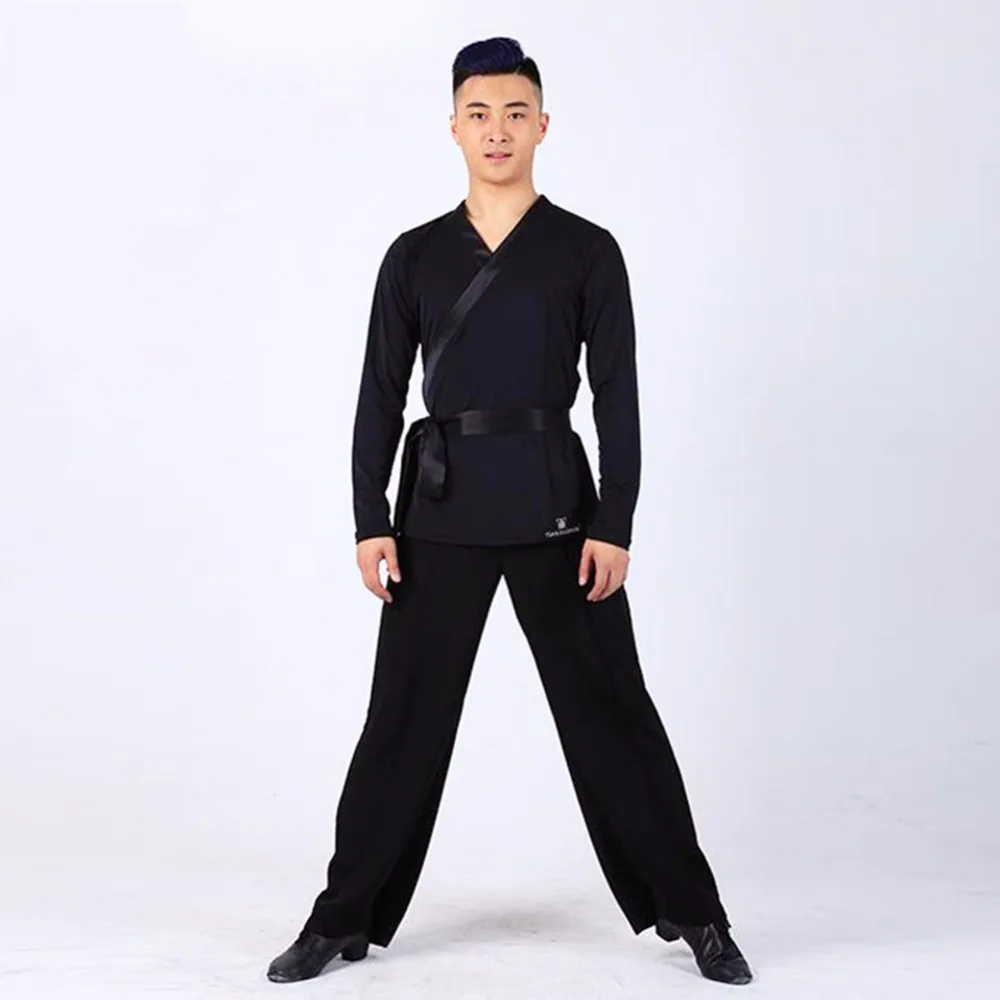 Дешевые туфли для латинских танцев рубашка мужчин черный Цвет топы с длинными