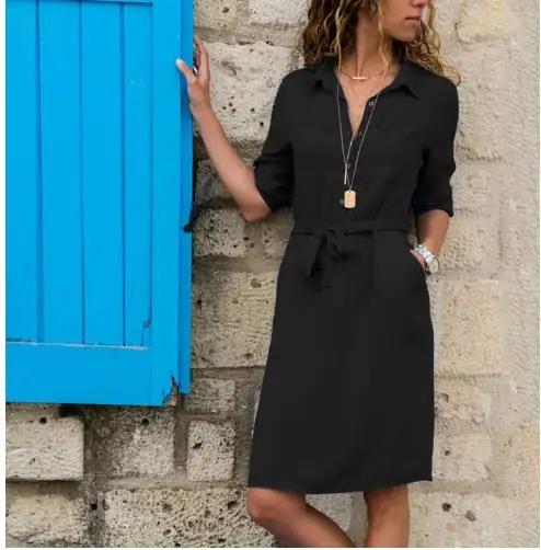 Женское платье-блузка длинное Повседневное платье с отложным воротником 2019 |