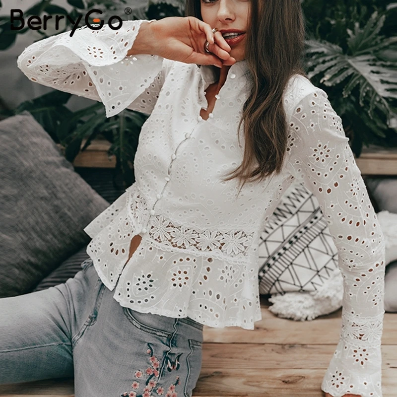 BerryGo винтажная блузка с вышивкой женская рубашка со стоячим воротником блузки
