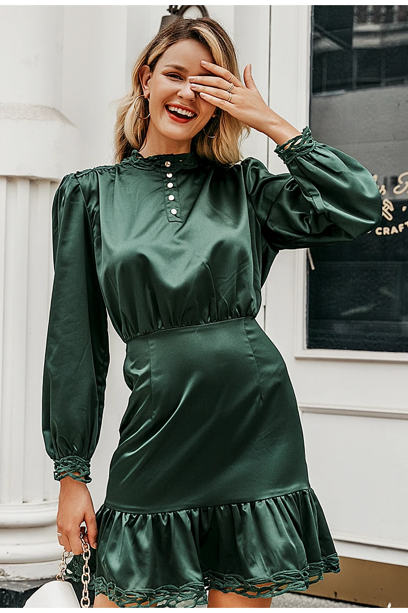 Simplee Vintage lace hem ruffled women dress Long sleeve stand neck mini ladies dresses High waist female autumn dress vestidos