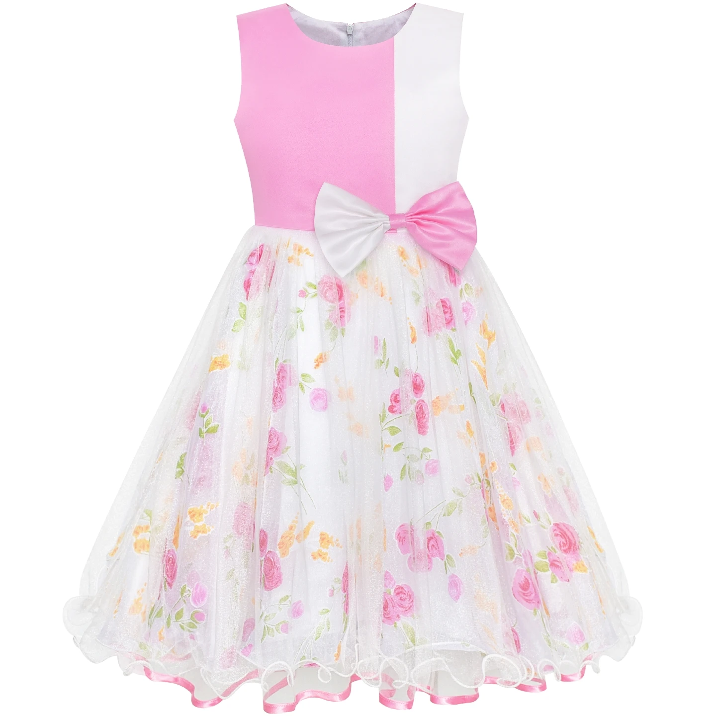 

Flower Girl Dress Bow Tie Pink White Color Contrast Sundress 2020 Summer Princess Wedding Party Dresses Kids Clothes Pageant
