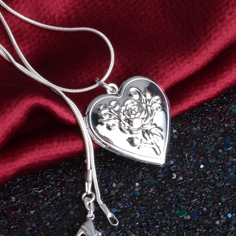 

Классический винтажный цветок розы 925 медальон из чистого серебра Двойное сердце ожерелье фото El воротник кулон женский лучший подарок