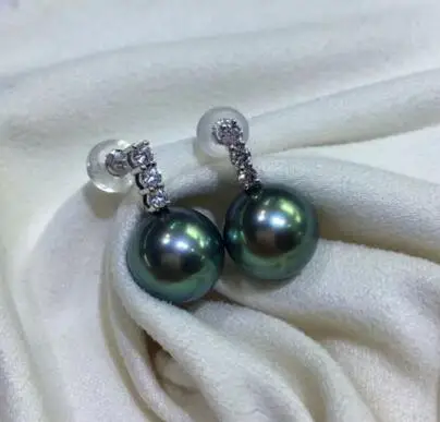

free shipping >>>>noble jewelry stunning AAA round 10-11mm Tahitian black green pearl earring