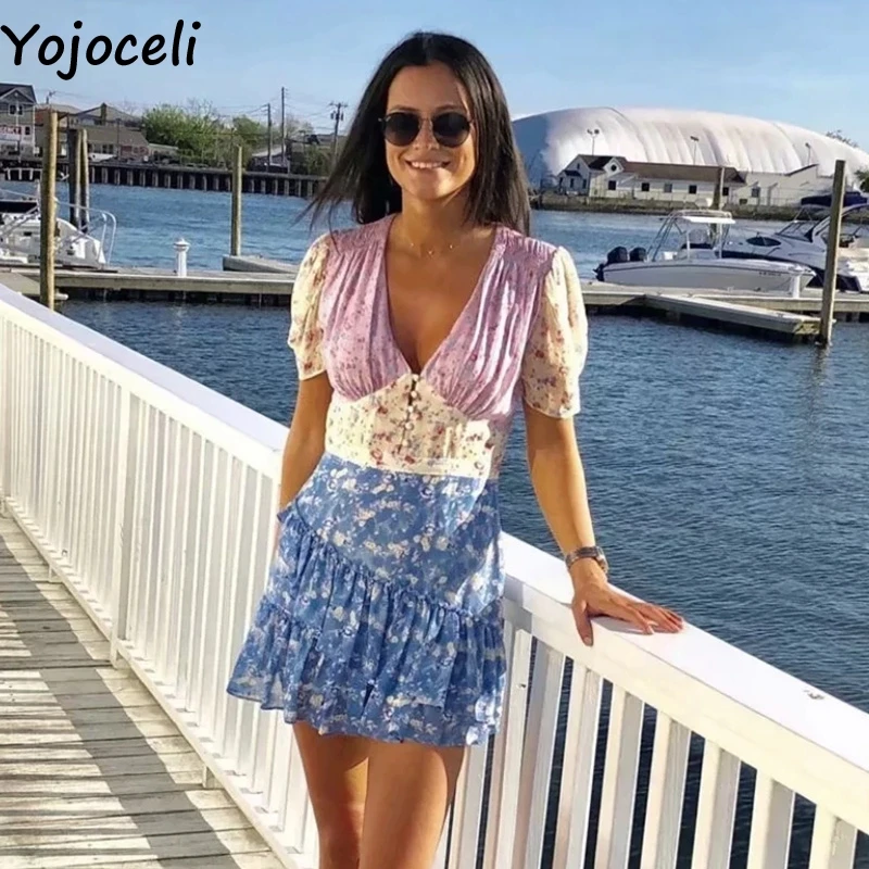 Yojoceli сексуальное Элегантное короткое платье с рюшами и принтом для женщин летнее