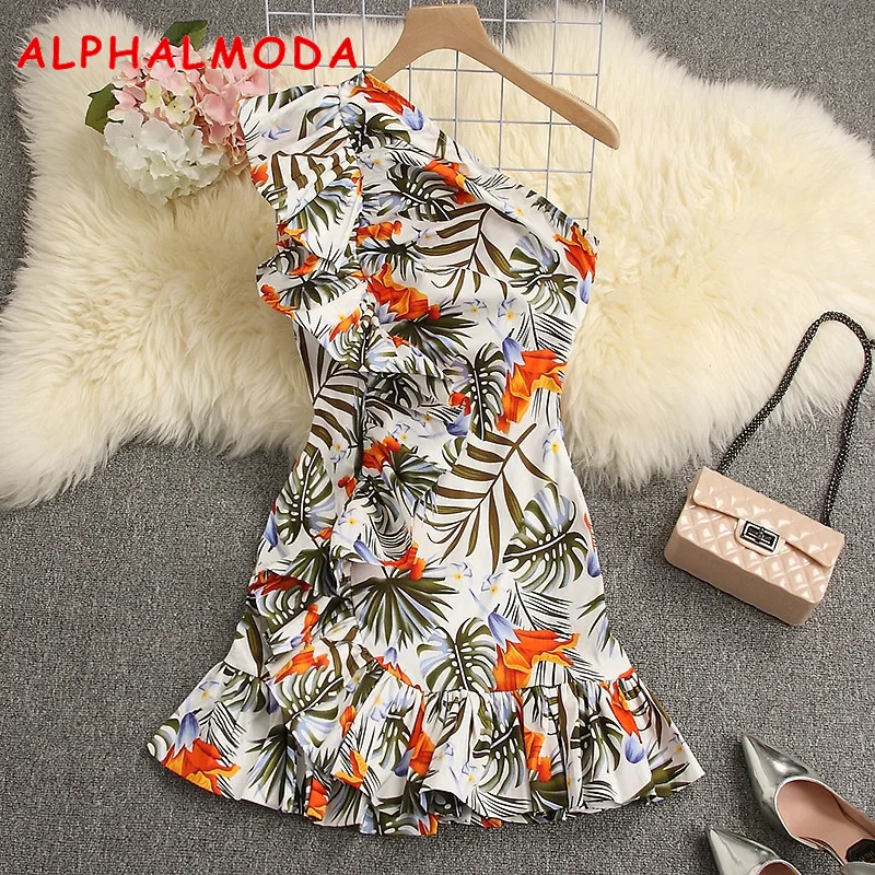 ALPHALMODA, весна, женские стильные вечерние платья, на одно плечо, с оборками, с цветочным рисунком, очаровательные, тянущиеся, Vestidos, облегающее, мини, летнее платье