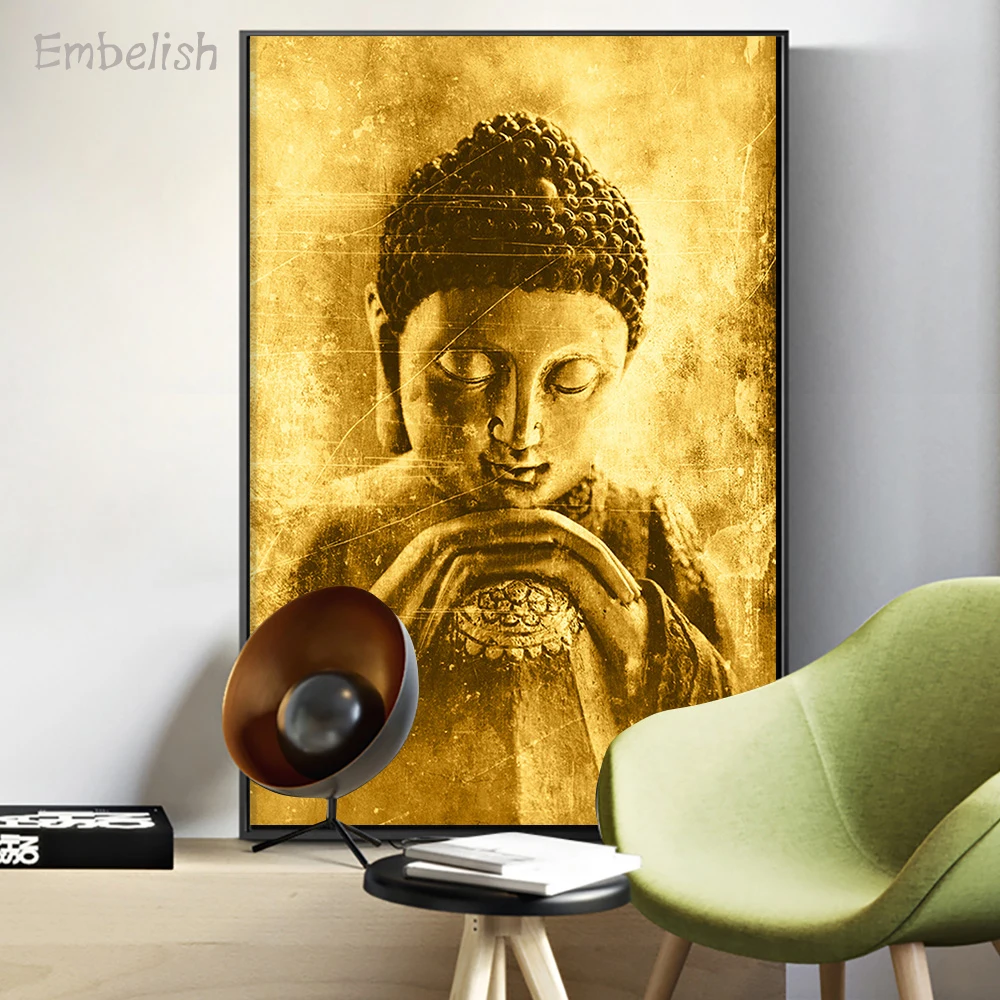 

Embelish 1 Pieces Buddha In Golden Stones Quality HD Canvas Paintings For Living Room Home Decor Wall Art Picture Bedroom Poster
