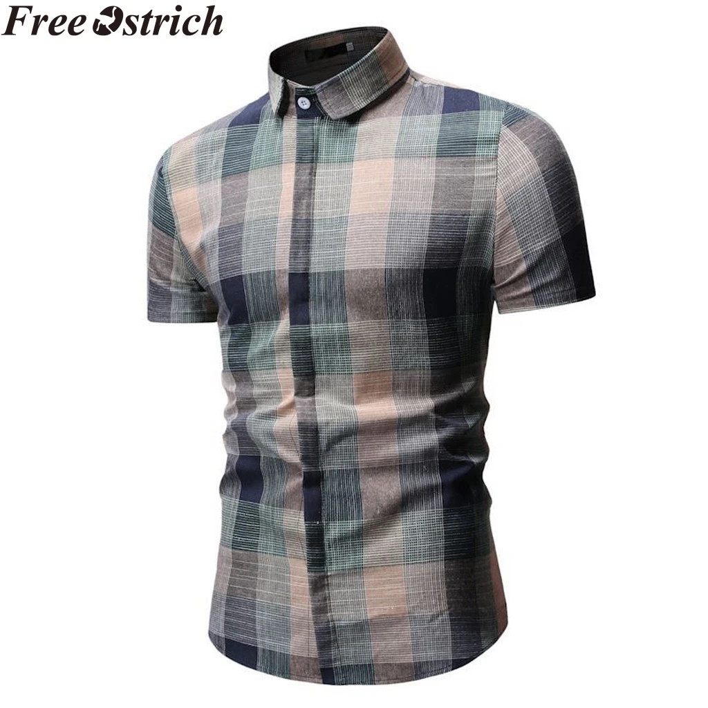 Summer Men's Shirt Short Sleeve Plaid Gradient Fashion New arrive Lapel Casual Tops Business Social Plus Size Men Pocket | Мужская