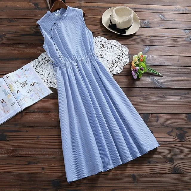 Лето 2017 г. Для женщин тонкий длинное платье Винтаж Стенд воротник в полоску без