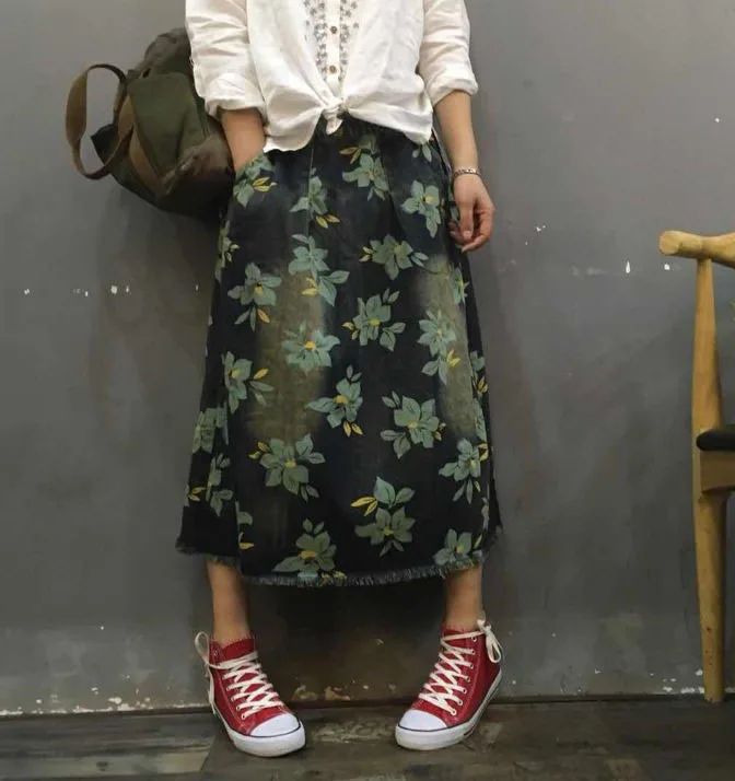 Весна юбка Для женщин в стиле ретро с цветочным принтом джинсы эластичной