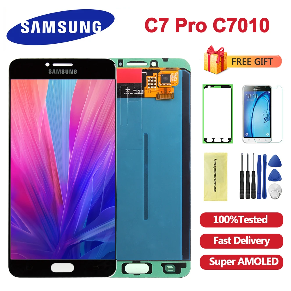 Протестированный супер AMOLED C7010 ЖК-дисплей для samsung Galaxy C7 Pro C7010 ЖК-дисплей кодирующий преобразователь сенсорного экрана в сборе Замена