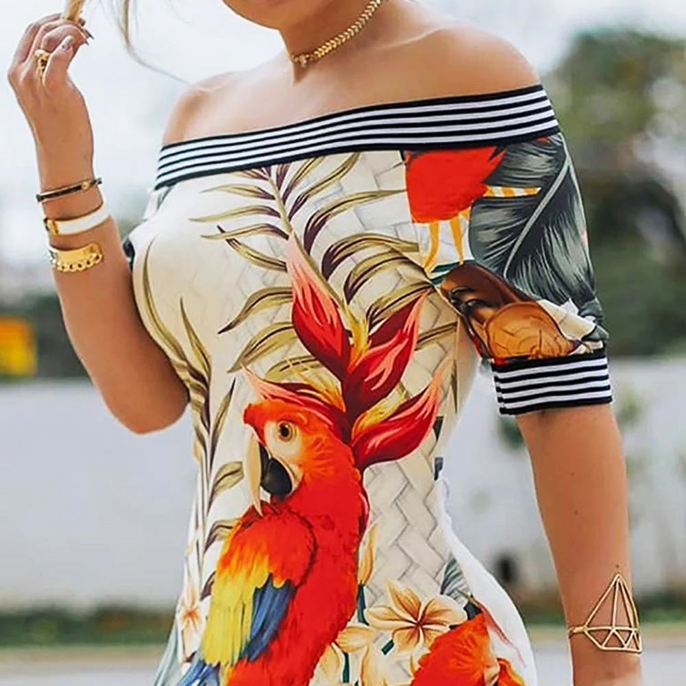 New Fashion Summer Sexy Striped Parrot Print Off Shoulder Short Sleeve Women Mini Bodycon Slim Ladies Evening Party Cocktail Dre