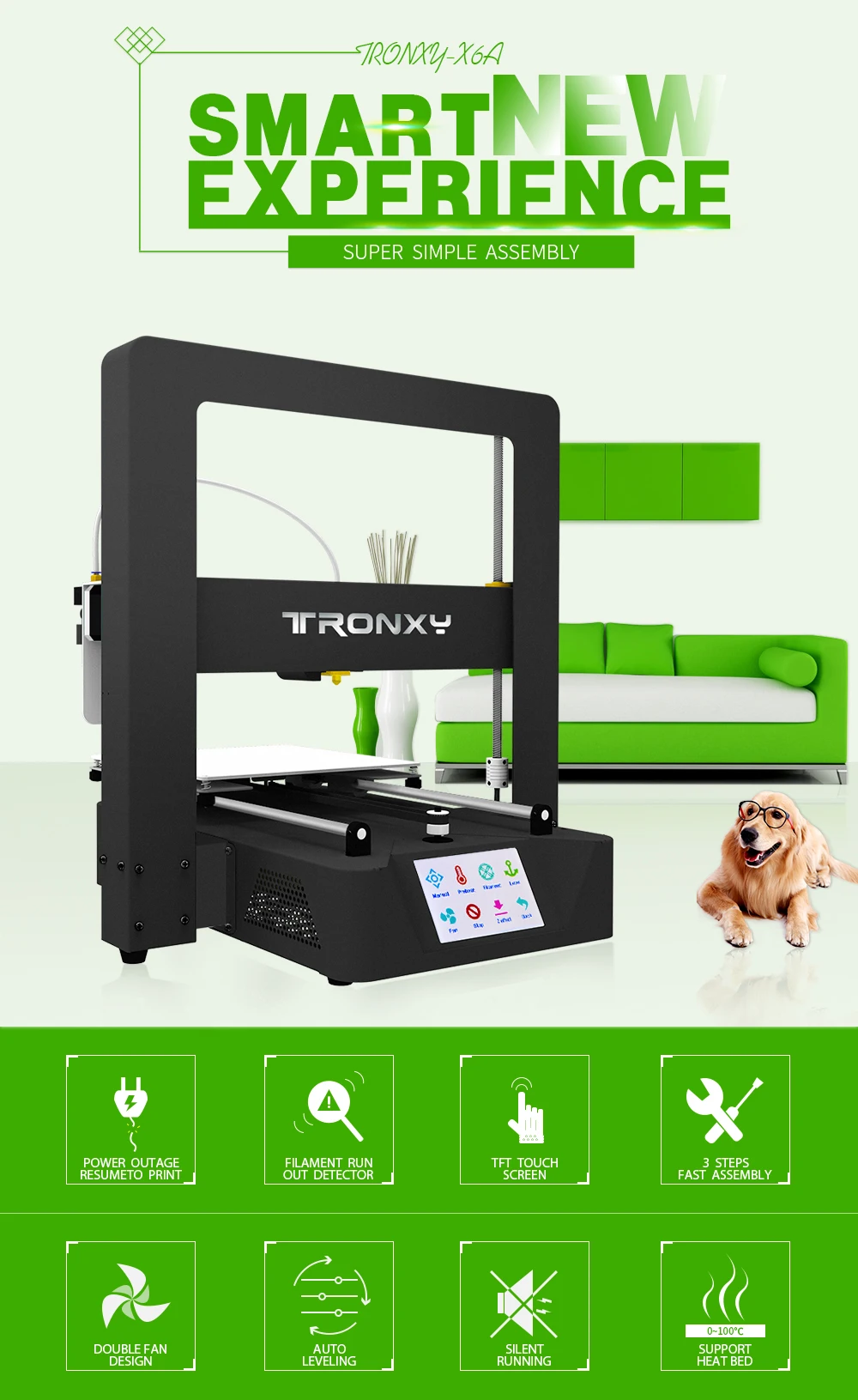 Новейший Tronxy 3d принтер X6A, модель, полностью металлическая рамка, автоматический уровень нагрева, потеря мощности, возврат к печати, обнаружение нити, сенсорный ЖК-дисплей