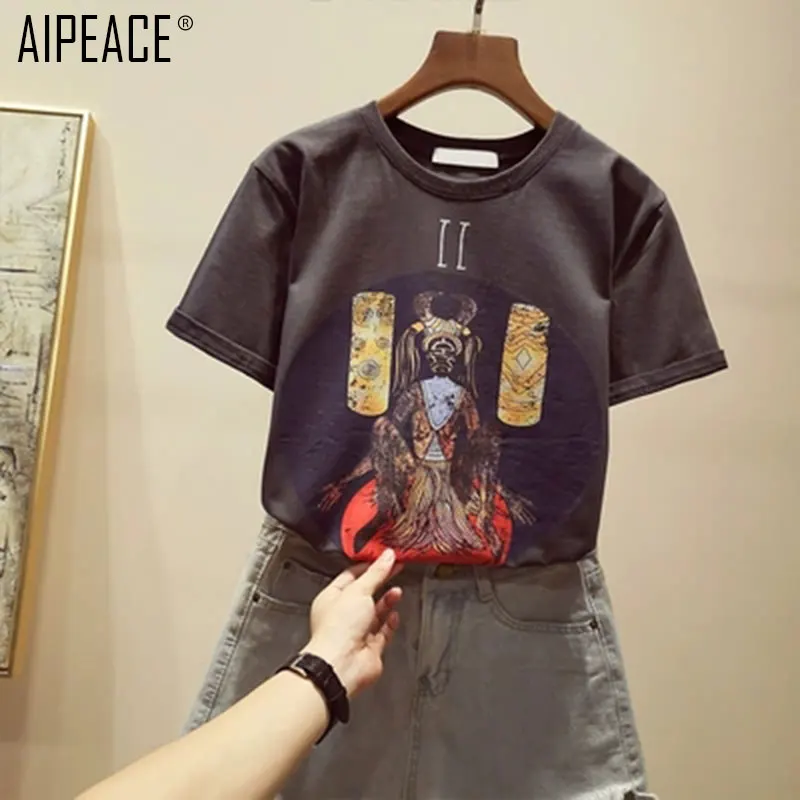 AIPEACE/Летняя модная женская футболка из чистого хлопка с круглым вырезом и принтом