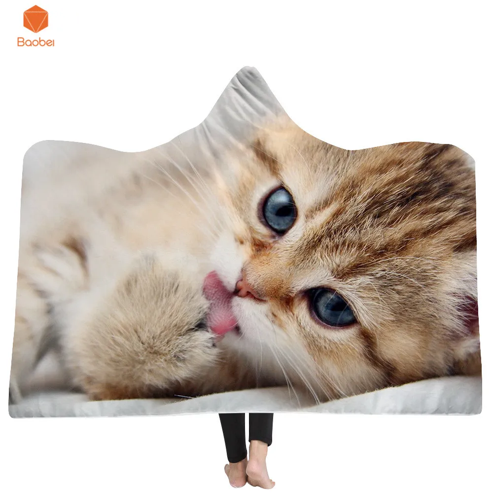 

3D Printed Cute Cat Thicking Hooded Blanket for Adult Gothic Sherpa Fleece Wearable Throw Blanket Microfiber Bedding
