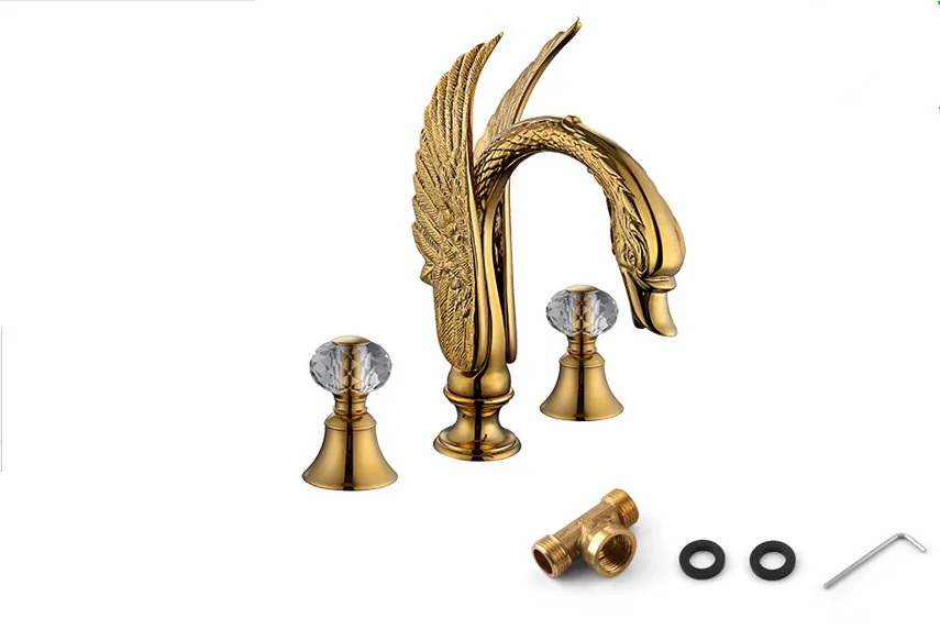 

Gold CLour 3 Pieces swan sink faucet widespread lavatory basin mixer tap Clear crystal handles Deck mounted