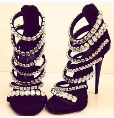 

Hot Sexy Fashion Black Flock Thin Heel Shoes Crystal Cover Heel Women's Shoes Big Size Free Shipping Women's Sandals