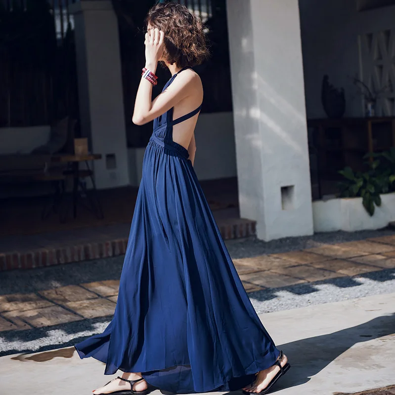 Однотонное модное богемное Макси женское платье с v-образным вырезом и поясом