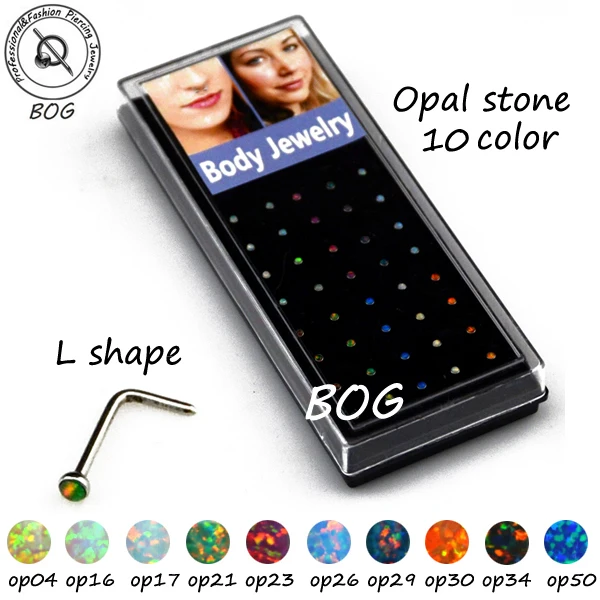 

BOG-Lot 40 Pieces Stainless Steel L Shape Nose Stud Ring With 2mm Opal Top Body Piercing Jewelry 20g