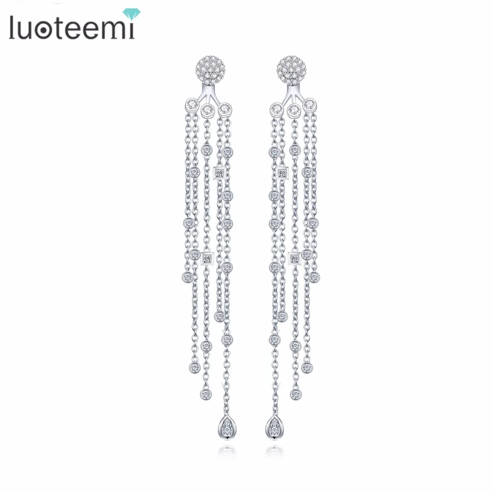 

LUOTEEMI Beads Long Tassel Dangle Earring for Women Korea Fashion Statement Crystal Sexy Jewelry Wedding Bridal Luxury Accessory