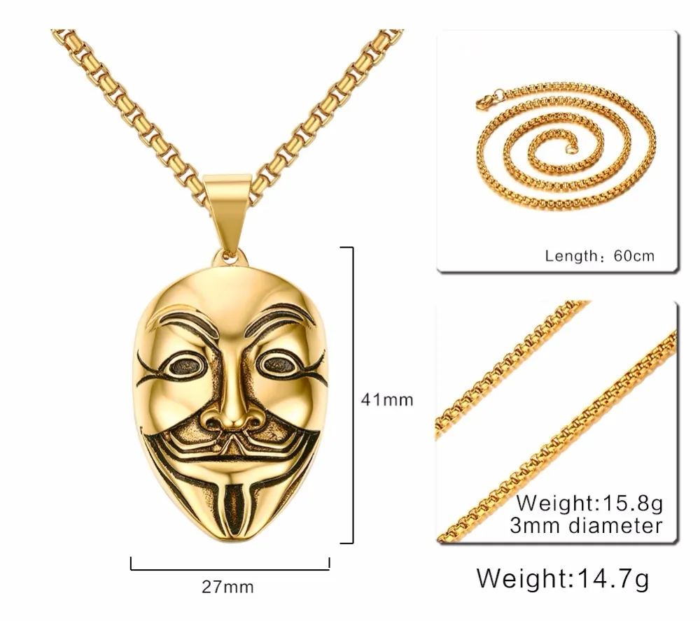 Mprainbow для мужчин Цепочки и ожерелья s Нержавеющая сталь V For Vendetta», ожерелье с подвеской-маской Золото Тон Модные украшения для Для женщин или Для мужчин колье