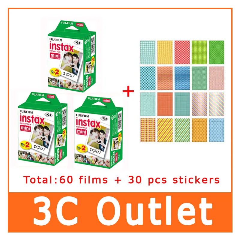 Оригинальная пленка Fujifilm Instax 60 листов + 30 наклеек для Instant Camera Mini 9 8 7s 25 50s 90 70 SP 1