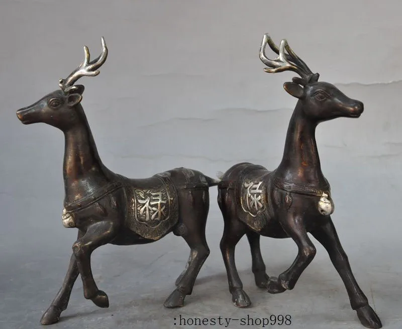 

Christmas 8" old china fengshui bronze silver auspicious animal longevity Deer Statue Pair Halloween