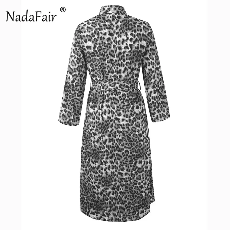 Nadafair/элегантное леопардовое Платье-туника с длинным рукавом и поясом на шнуровке, шифоновая рубашка, винтажные вечерние платья миди с животным принтом