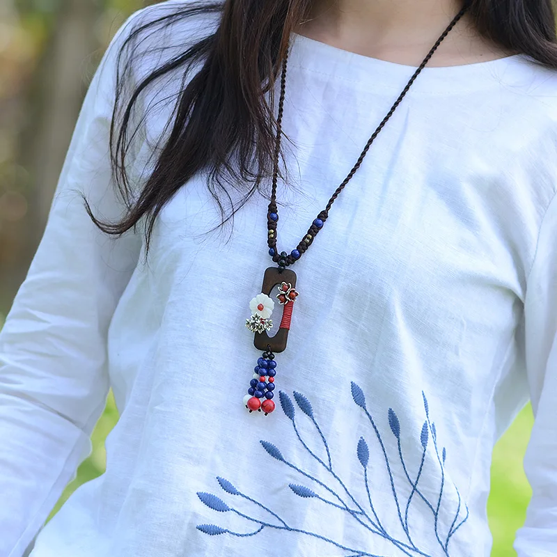 Винтажное длинное деревянное геометрическое ожерелье с подвеской для женщин