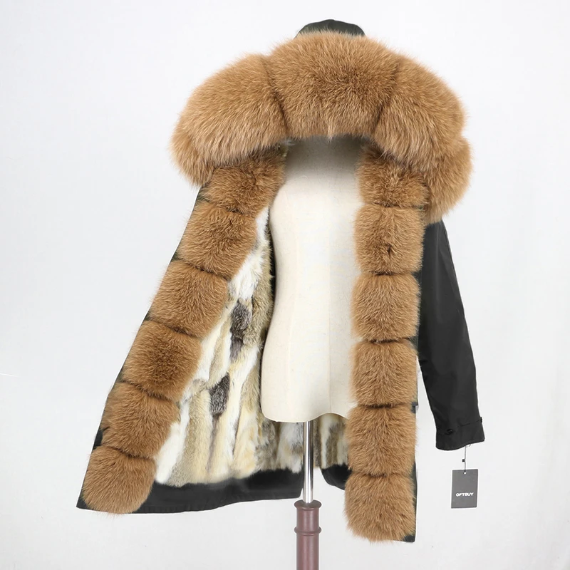 black camel OFTBUY, пальто из натурального меха, зимняя куртка, Женская водонепроницаемая длинная парка, натуральный Лисий мех, воротник, капюшон, мех кролика, подкладка, верхняя одежда, съемная - Цвет: black camel