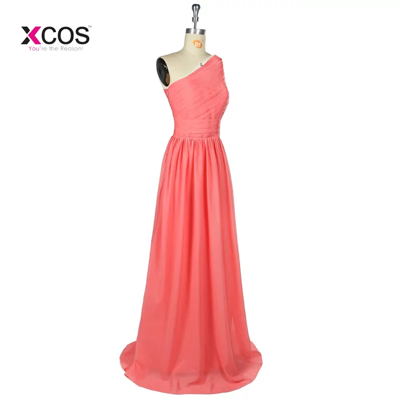 Длинное Коралловое подружки невесты платья на одно плечо Vestido Madrinha Longo шифоновые