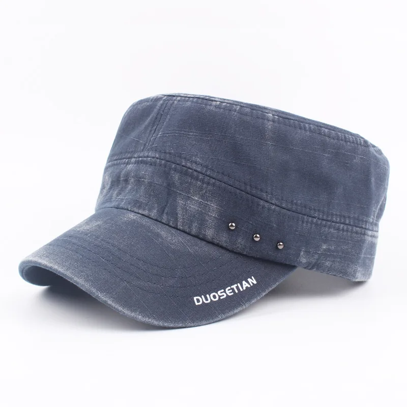 Cotton Denim Flat Cap Men Summer Washed Baseball Cap Army Dad Hat Snapback Bone Male Retro Casual Letter Flat Top Sun Hats - Цвет: Navy