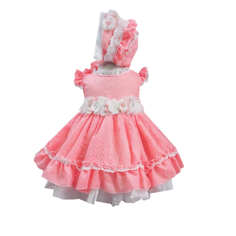 

2019 Spring summer Spanish girl quality cotton dress pink princess dress long bow lace Birthday party wedding Dress 2-6years