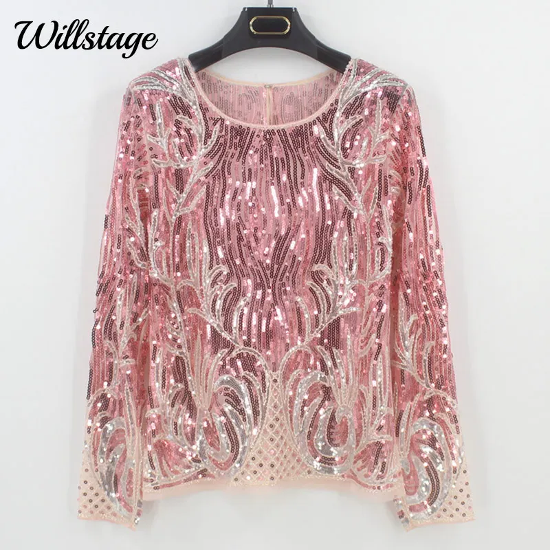 

Женская блузка Willstage, розовая блузка с длинным рукавом, расшитая блестками, для вечеринок, 2019