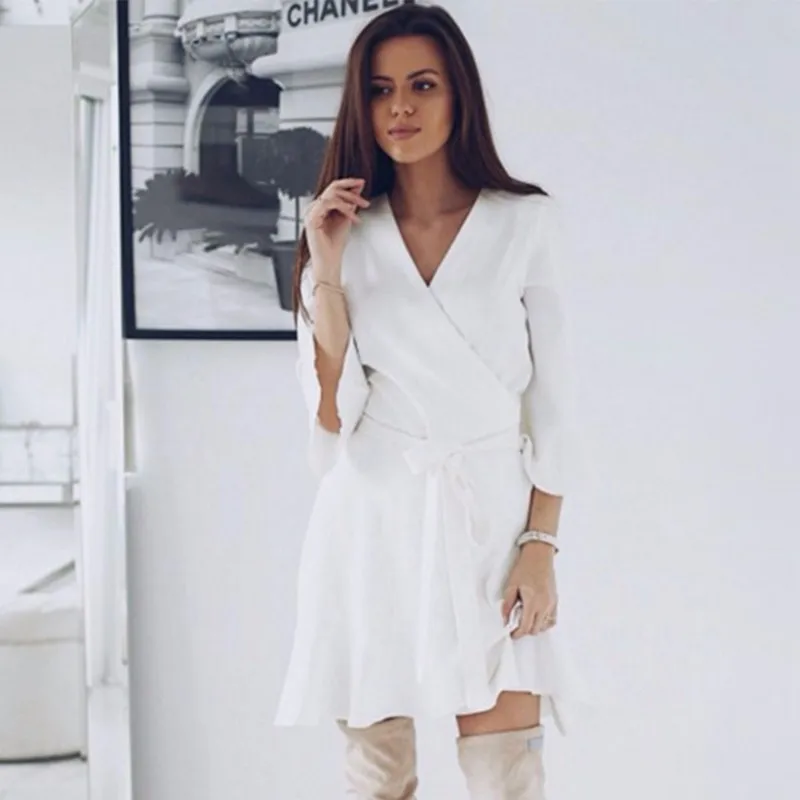 BEFORW Women Elegant Flare Long Sleeve Autumn Winter Dresses 2018 Sexy V Neck Lace Up Ruffle Mini Dress Female Casual Vestidos | Женская