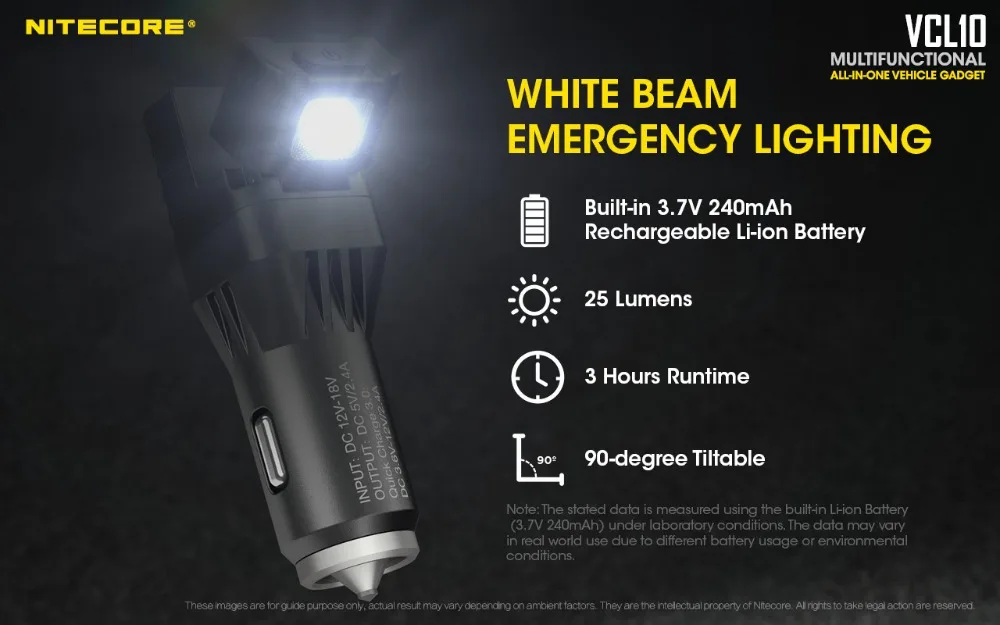 NITECORE VCL10 многофункциональный все-в-одном автомобиль гаджет/QC3.0 автомобильное зарядное устройство/стекло Выключатель/аварийный светильник Предупреждение ющий светильник