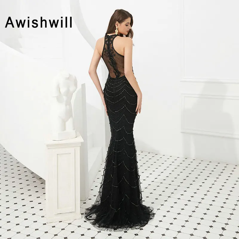 2020 Long Mermaid Prom Dresses Black Sleeveless Fully Beadings Sexy Prom Gowns Dubai Formal Evening Party Dress Vestido De Festa
