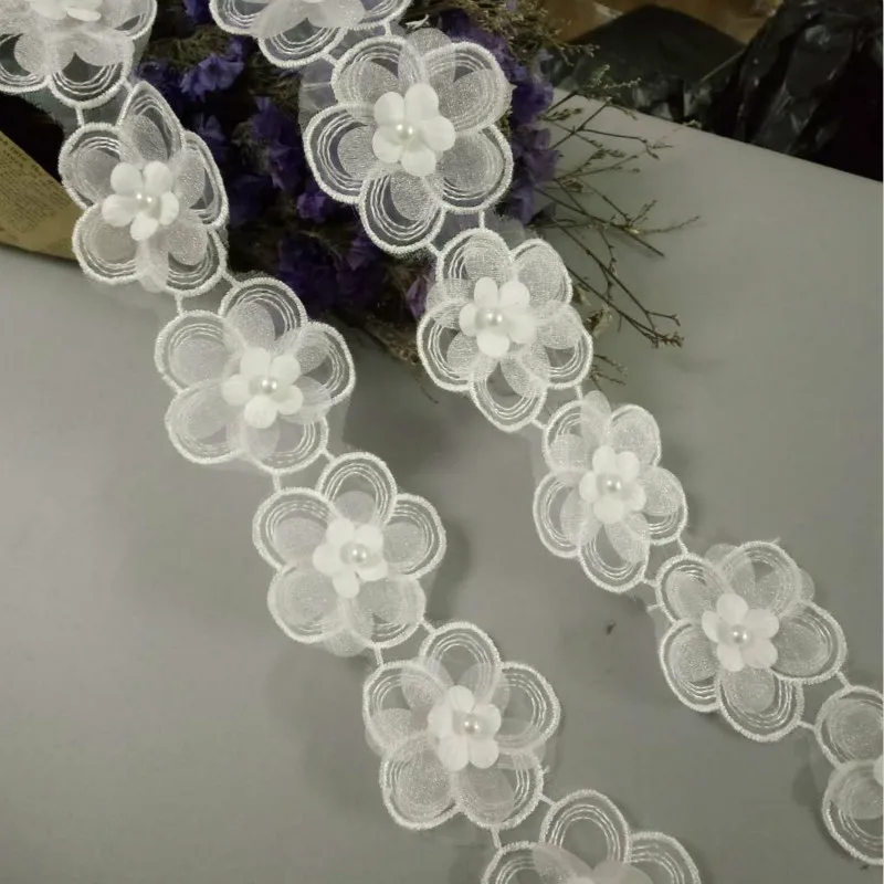 1 ярд белый жемчуг с Бисером Вышитый цветок кружевная отделка Цветочная