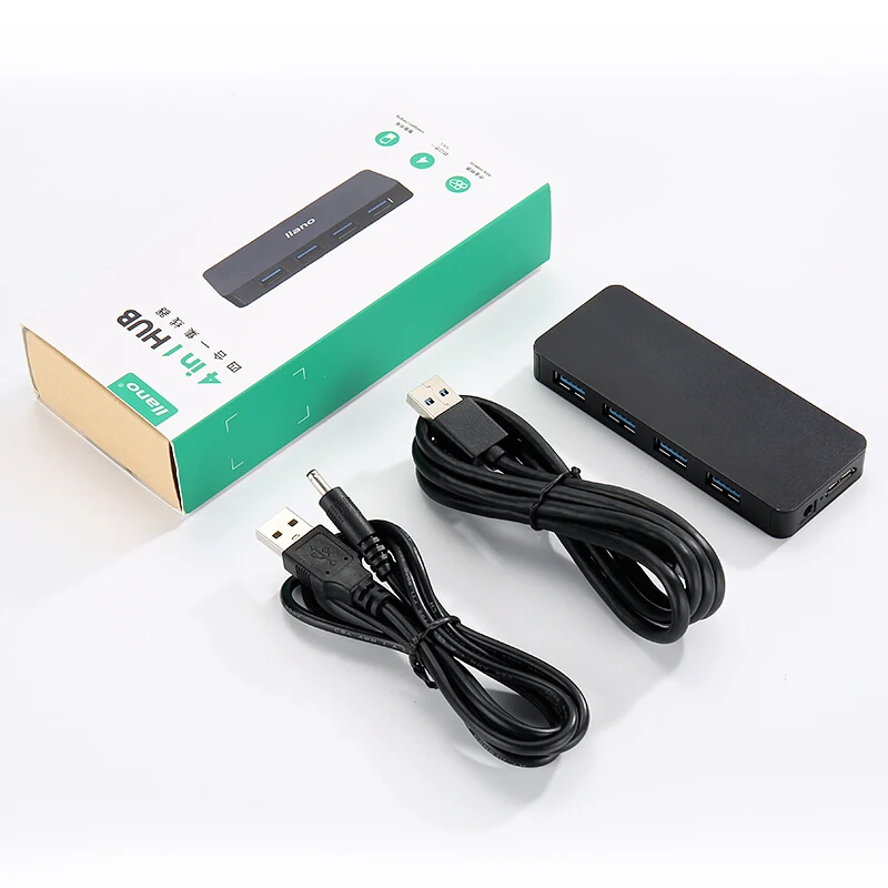 Llano USB разветвитель 7 со шнуром питания концентратор 4-портовый USB3.0 многопортовое «высокоскоростной расширения ноутбук конвертер металлическими вставками, цвета: черный